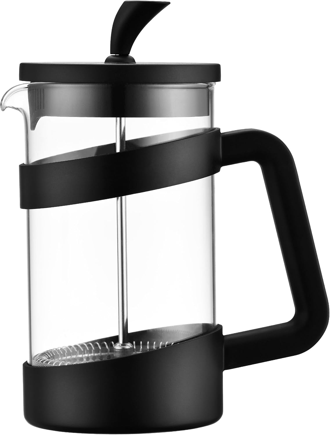 Café Olé Style 8 Cup Cafetière in black with clear glass beaker, black handle, lid, and plunger knob.