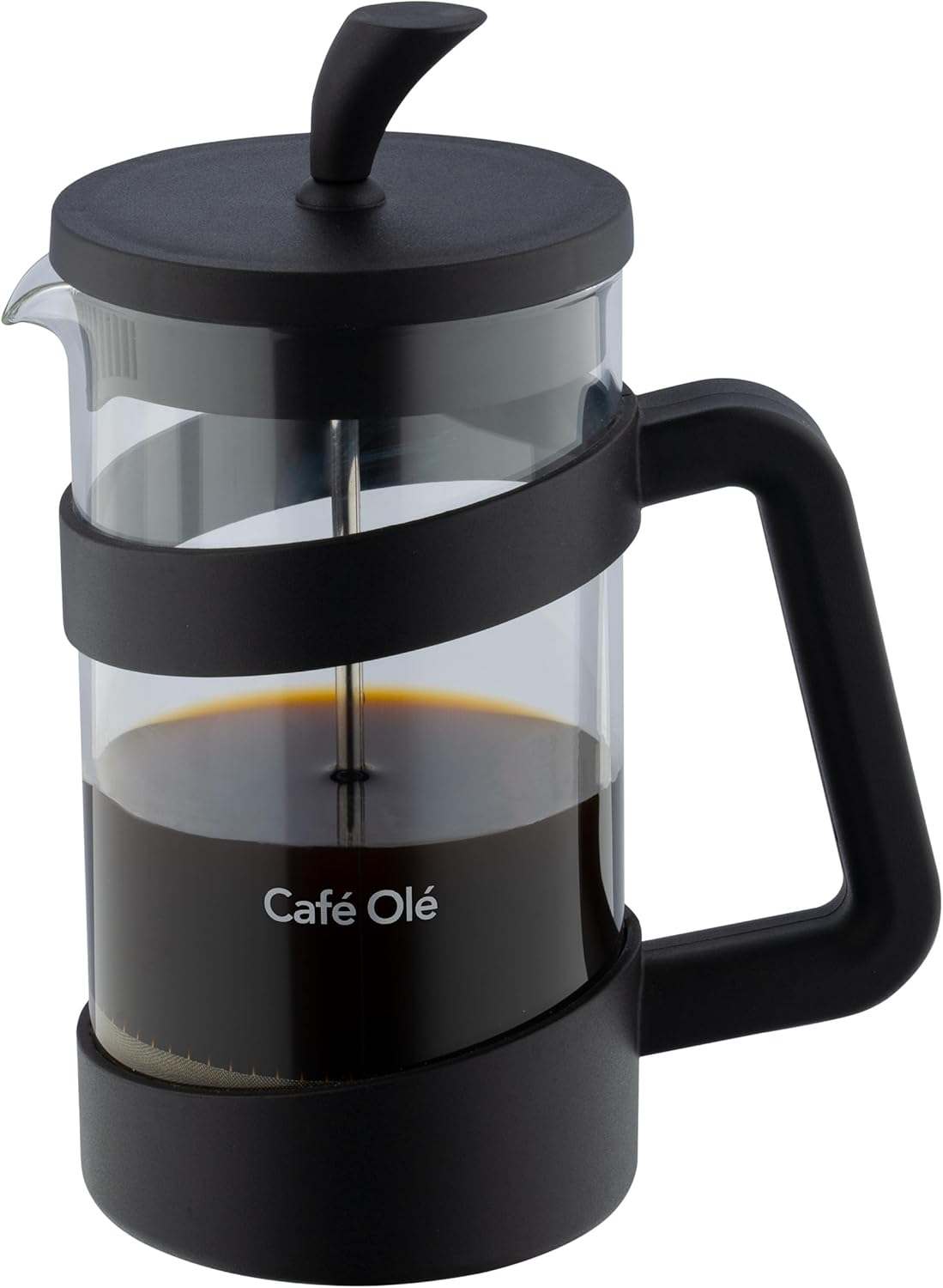 Style 8 Cup Cafetiere 1000ml with black handle and lid, filled with dark coffee, labeled Café Olé.