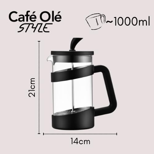 Style 8 Cup Cafetiere with black handle and lid, clear glass body, 1000ml capacity, 21cm tall, 14cm wide.