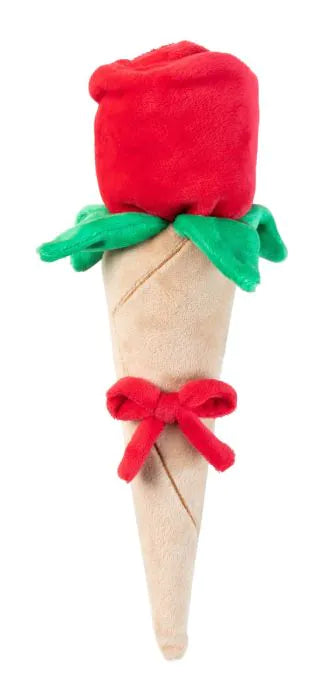 Valentines Day plush dog toy - wrapped rose