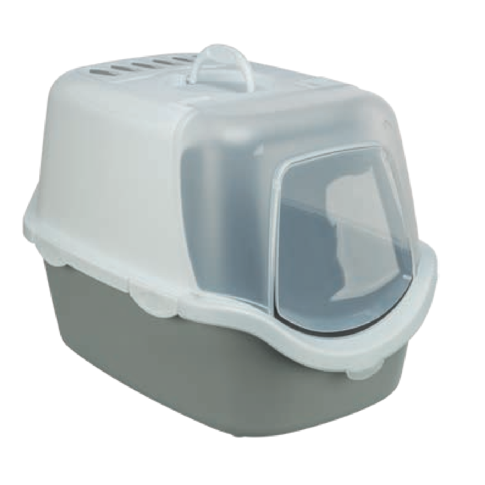 Grey Vico Hooded Cat Litter Tray with door flap, handle, double rim, Easy Click clasps – 40x40x56 cm | Keans Claremorris