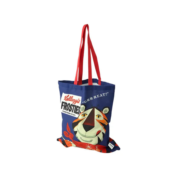 Vintage Kelloggs Frosties tote bag with nostalgic cereal box print, 100% cotton, looped straps – Keans Claremorris store.