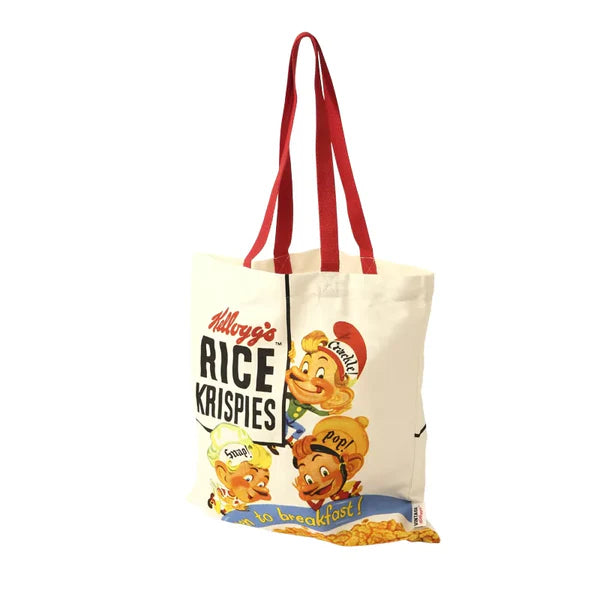 Vintage Kellogg's Rice Krispies Snap Crackle & Pop cotton tote bag with nostalgic cereal box design by Keans Claremorris