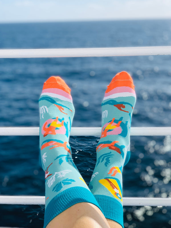 Vitamin Sea socks 8-12 by Marion Belliot, ocean-inspired design, breathable comfort, available at Keans Claremorris.