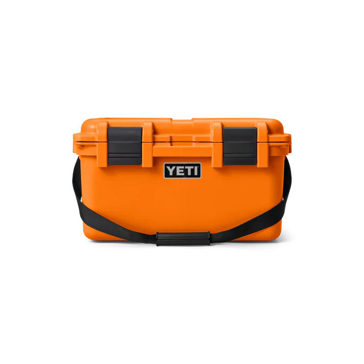Yeti Loadout Gobox 30 Gear Case 2.0 in bright orange with black latches and shoulder strap, front view.