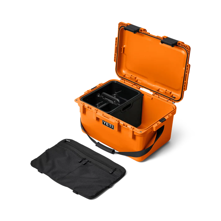 Open bright orange Yeti Loadout Gobox 30 Gear Case 2.0 with black interior divider and black mesh organizer pouch
