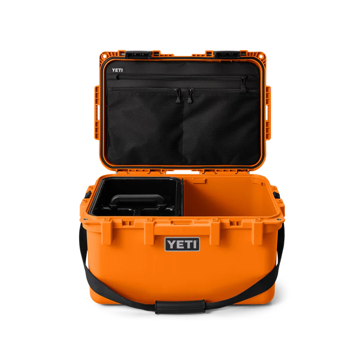 Yeti Loadout Gobox 30 Gear Case 2.0 King Crab open showing interior with black mesh organizer and removable tray