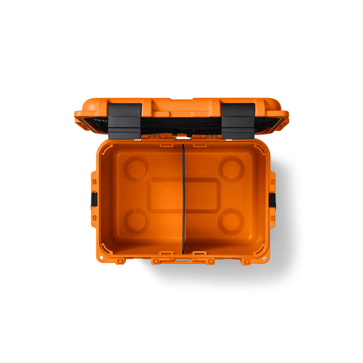 Yeti Loadout Gobox 30 Gear Case 2.0 King Crab open top view showing empty bright orange interior and black latches