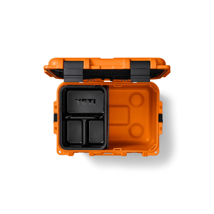 Open Yeti Loadout Gobox 30 Gear Case 2.0 King Crab showing black removable tray inside bright orange hard case