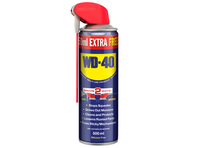WD-40 Multi-Use Smart Straw 500ml can with red flip-up straw and label highlighting spray functions and extra 50ml free.