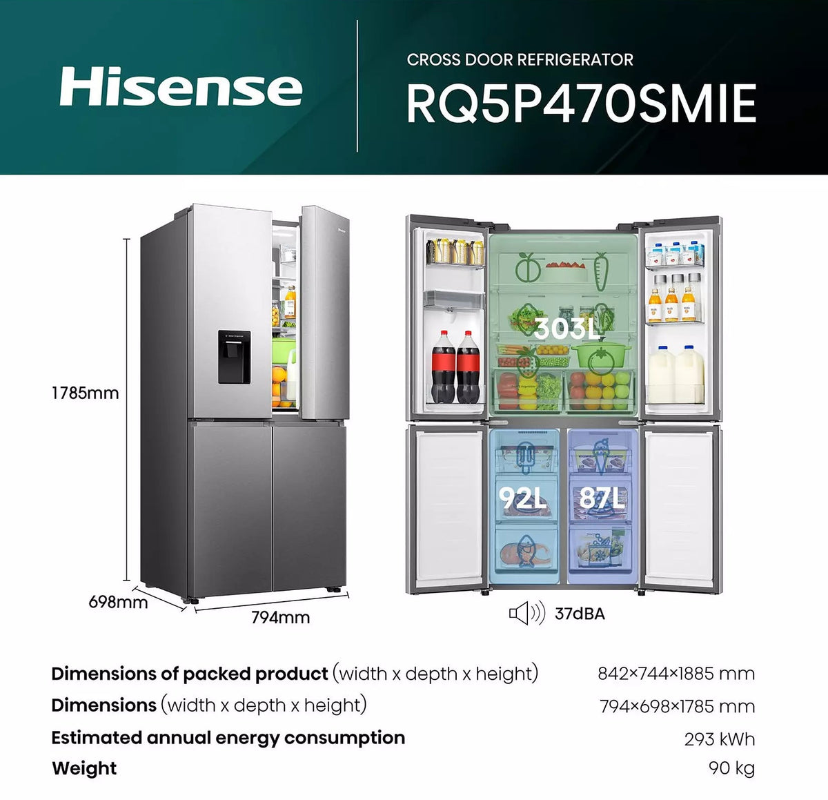 Hisense Freestanding 4 Door Cross Door Non-plumbed Water Dispenser 482L Stainless Steel - Image 6