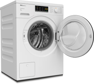 Miele 8kg front-loading washing machine with open door showing stainless steel drum and control panel.