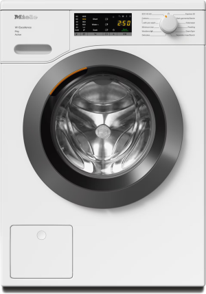 Miele WEA125WCS 8kg front-loading washing machine in lotus white with digital display and control dial.