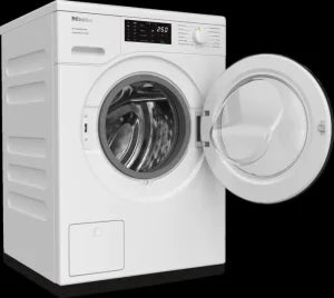 Miele 8kg 1400 Spin washing machine with front door open, showing drum and control panel.