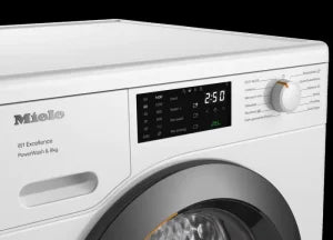 Close-up of Miele 8kg 1400 Spin Washing Machine WEB365WCS control panel and detergent drawer.