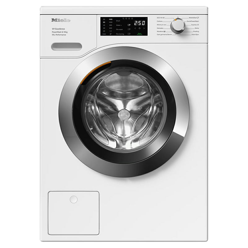 Miele 10kg front load washing machine in Lotus White with PowerWash, CapDosing, and steam care – available at Kean’s