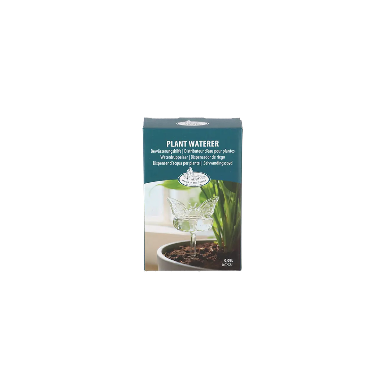 Esschert Plant Waterer Glass Butterfly in packaging showing the waterer inserted in a potted plant