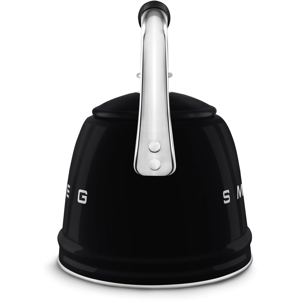 Black Smeg 50's Retro Style Whistling Kettle with silver handle, front view showing partial logo.