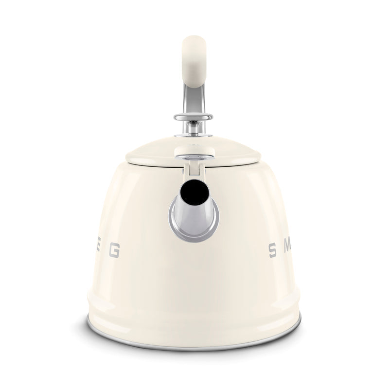 Cream Smeg WKF01CR 50's retro style whistling kettle shown from the front with spout and handle visible