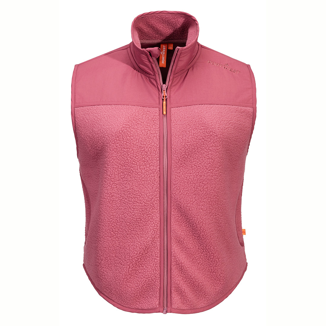 Portwest Ladies Deel fleece vest in rose with full front zip and high collar, front view.