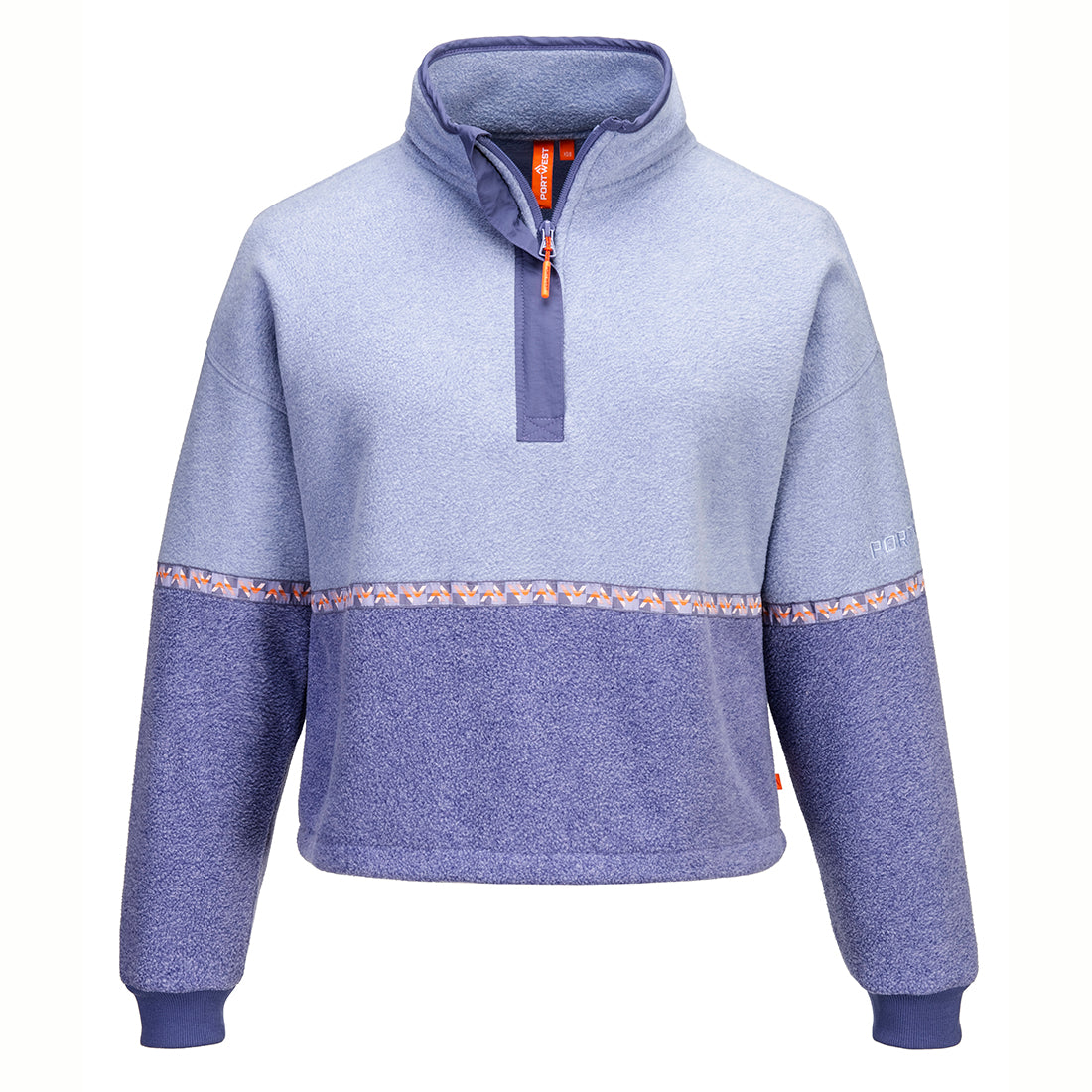 Portwest Ladies Fane fleece in two-tone china blue with half-zip and patterned trim across chest and sleeves