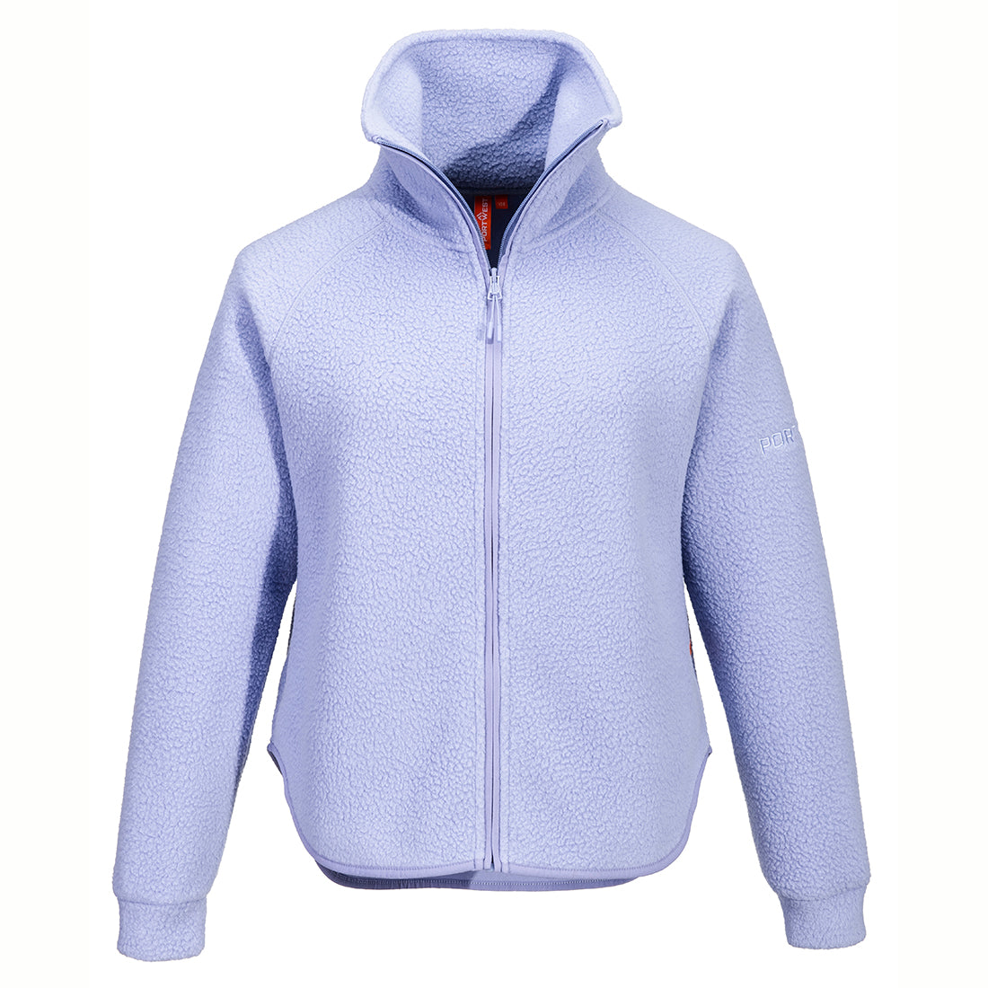 Portwest Ladies Powerscourt fleece jacket in china blue with full zip and high collar, front view.