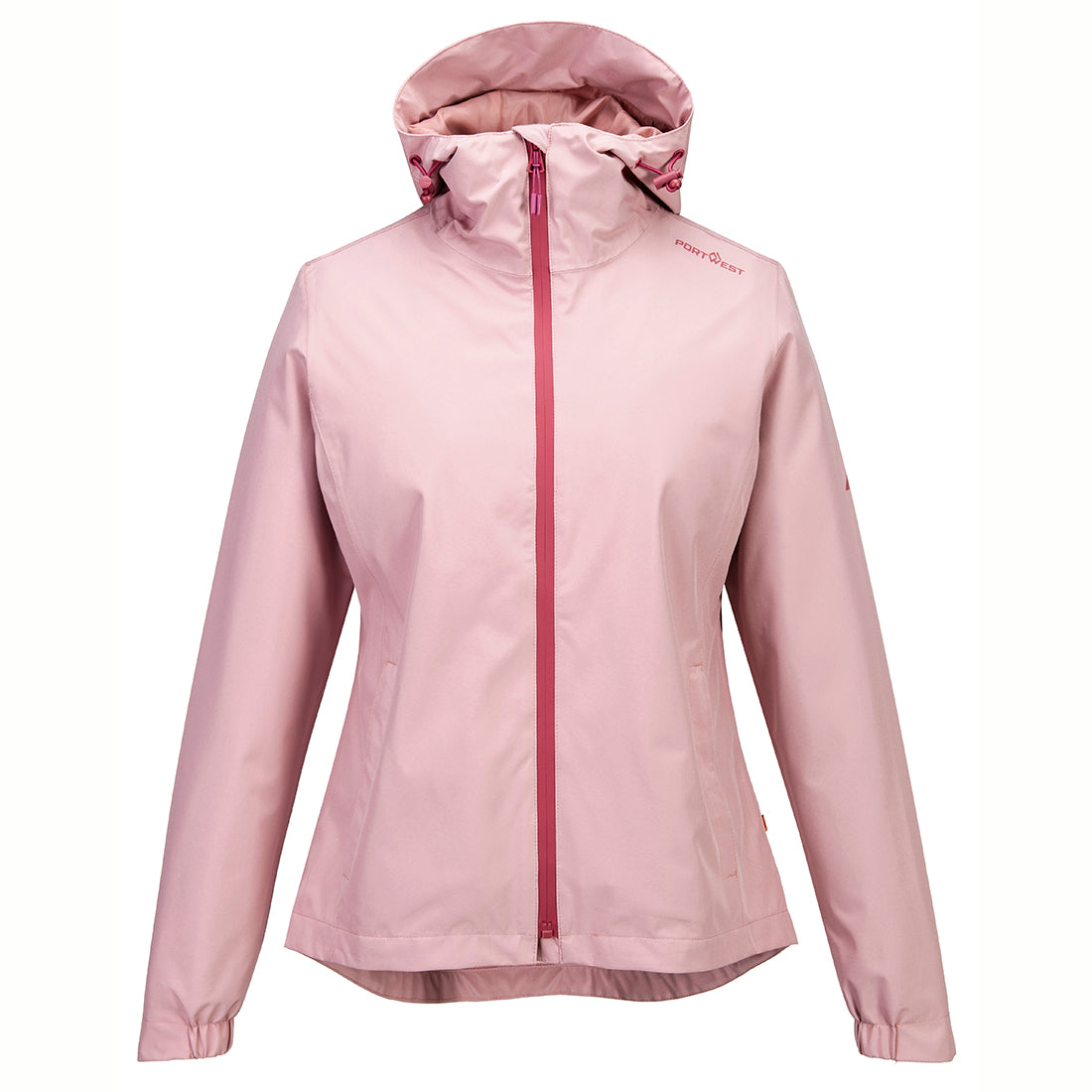 Portwest Ladies Clifden Rain Jacket in dusty pink with hood and contrast front zip, front view on white background.