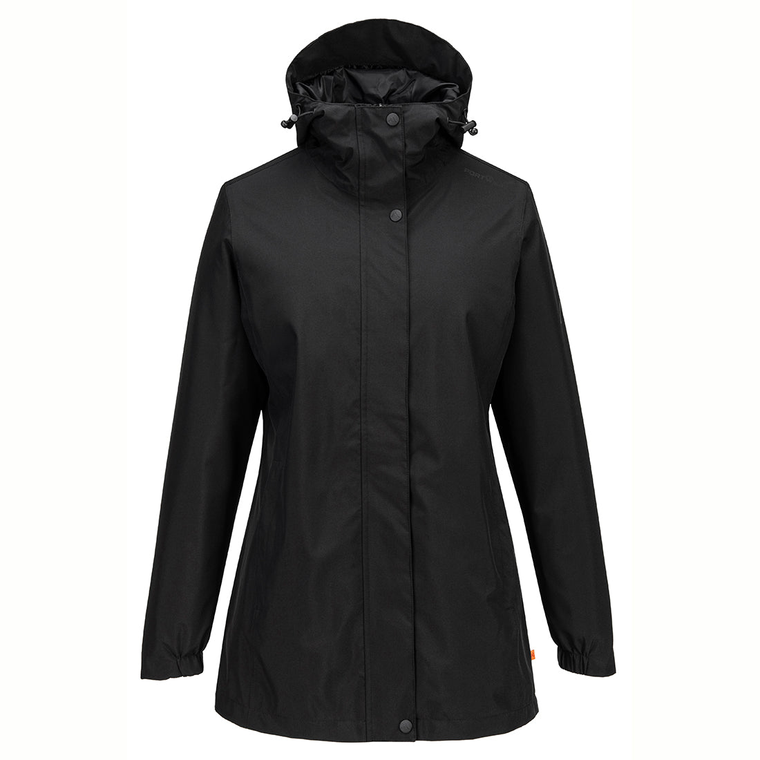 Portwest Ladies Newgrange black jacket with high collar, hood, and snap button front closure.