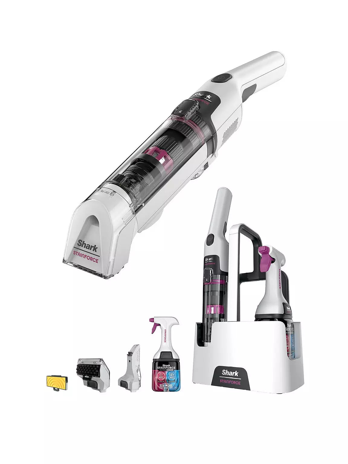 Shark StainForce cordless spot cleaner with charging dock, spray bottle, and four cleaning attachments on white background.