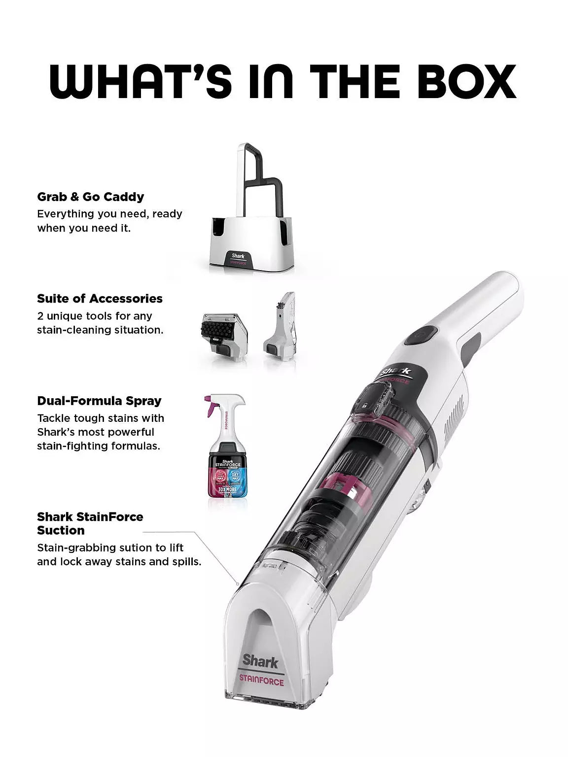 Shark Stainforce cordless spot cleaner with caddy, two cleaning tools, and dual-formula spray bottle.
