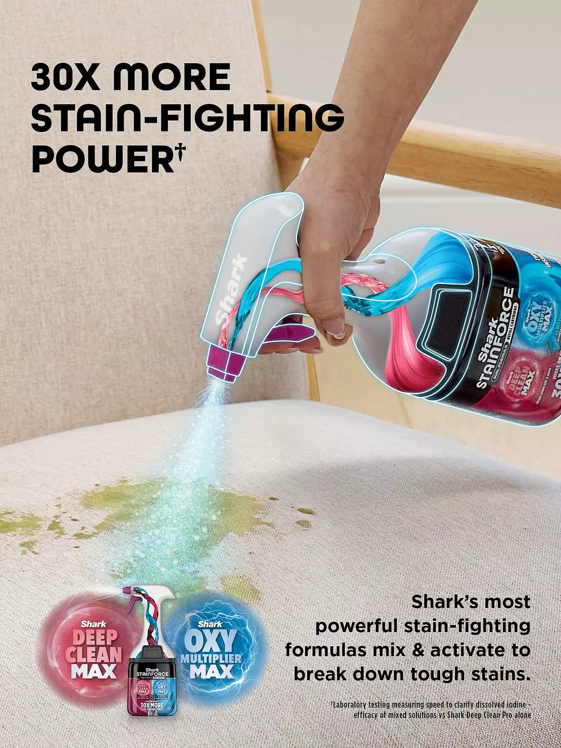 Hand spraying Shark Stainforce Cordless Stain-Destroying Spot Cleaner on a fabric stain on a chair seat.