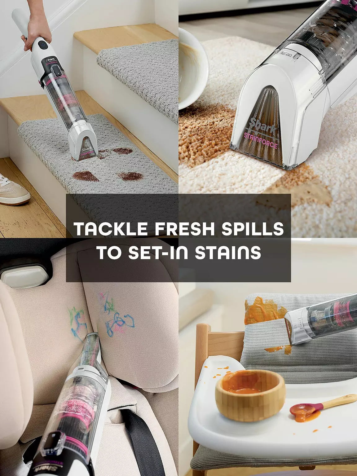 Shark Stainforce cordless spot cleaner removing stains from carpet, upholstery, and highchair cushion.