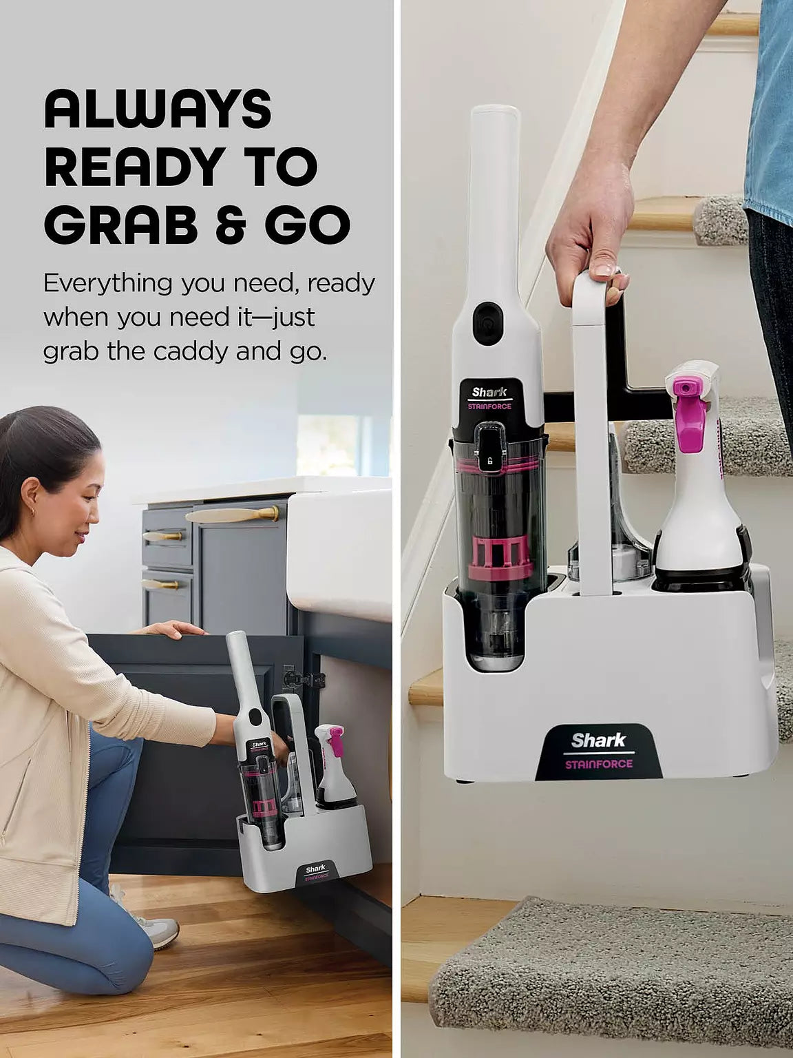Hand holding Shark Stainforce cordless spot cleaner in caddy with spray bottle, ready to grab and go.