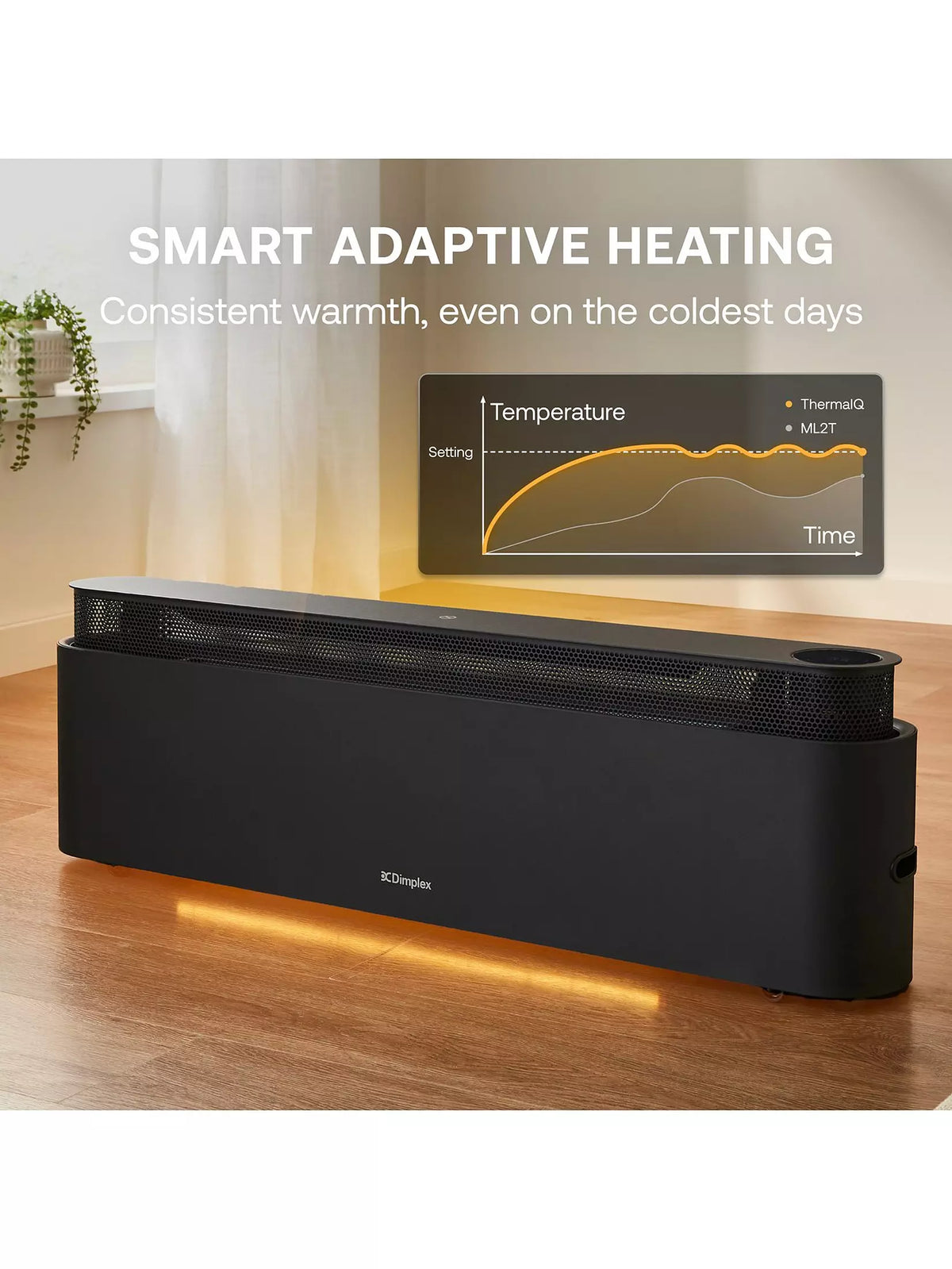 Dimplex Thermaliq Smart 2.2Kw baseboard heater in black with glowing light underneath on wooden floor