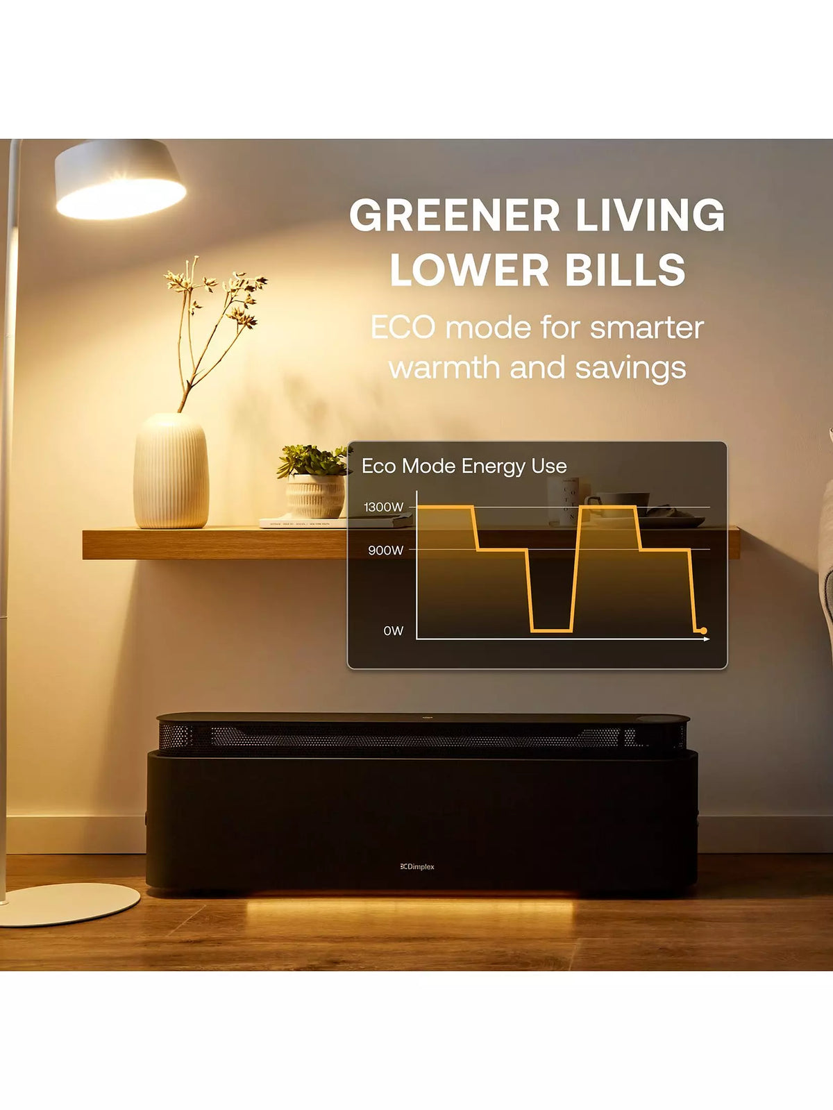 Black Dimplex Thermaliq Smart 2.2Kw baseboard heater under wooden shelf with lamp and plants above.
