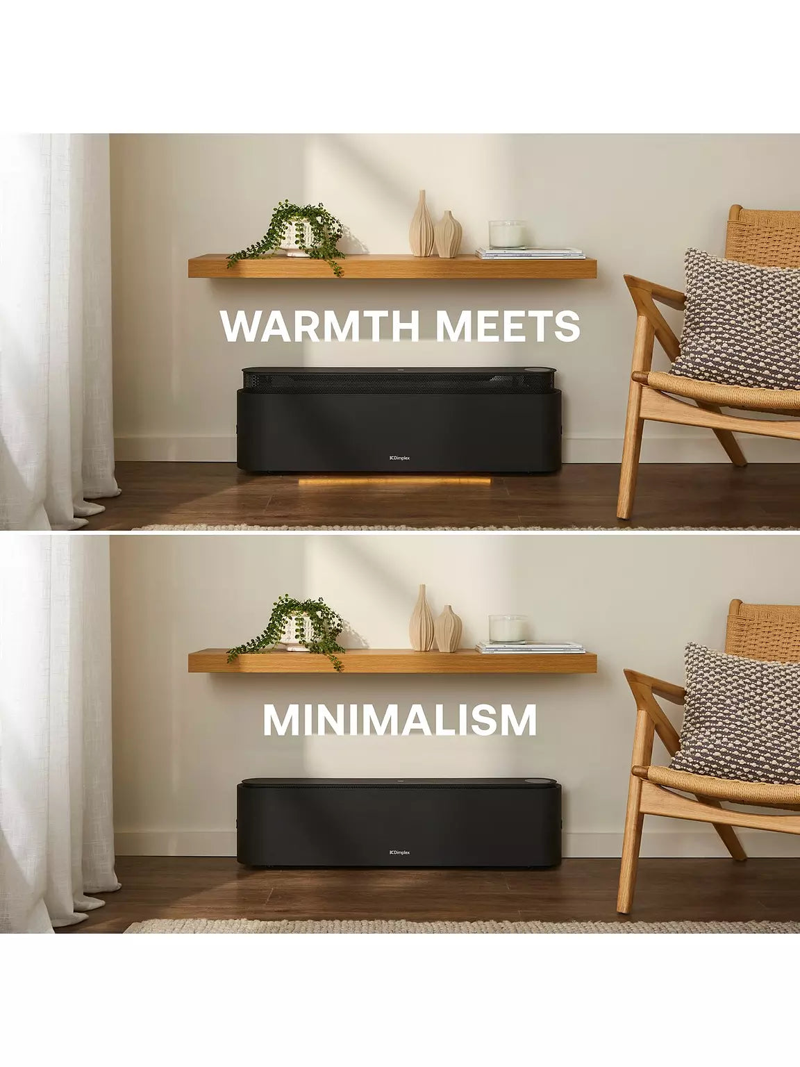 Black Dimplex Thermaliq Smart 2.2Kw baseboard heater under wooden shelf in a minimalist living room setting.
