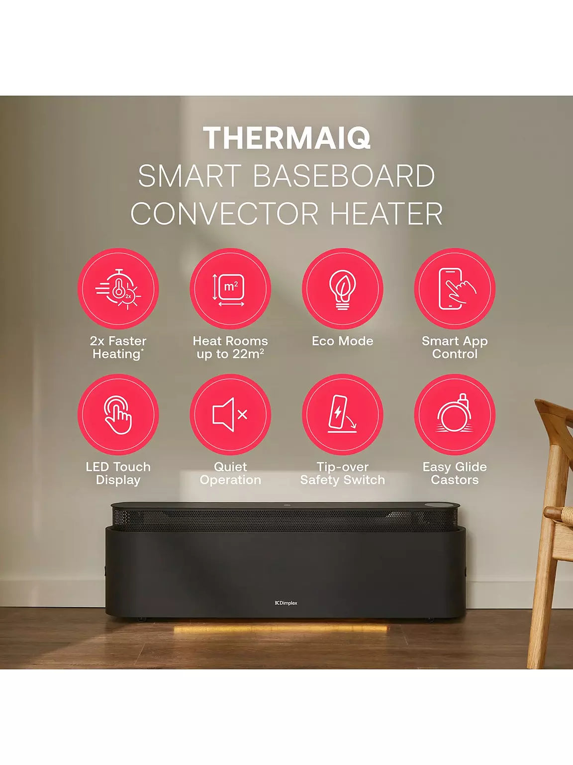 Black Dimplex Thermaiq Smart baseboard heater on wooden floor with feature icons above it.