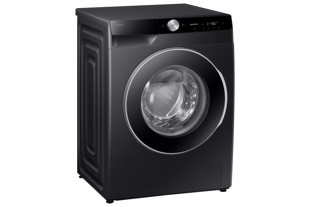 Samsung Series 6 black front-loading washing machine with digital display and control knob on top panel.