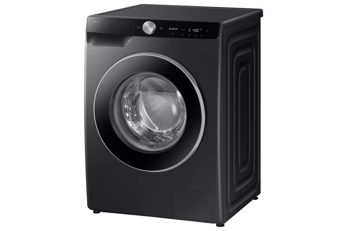 Samsung Series 6 AI Energy + Auto Dose front-loading washing machine in black, angled view