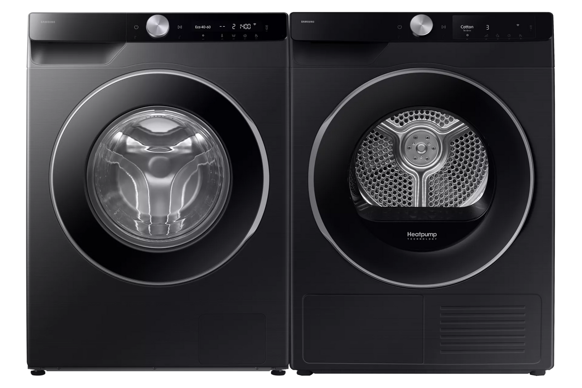 Front view of Samsung Series 6 AI Energy + Auto Dose washing machine and dryer in black with digital displays.