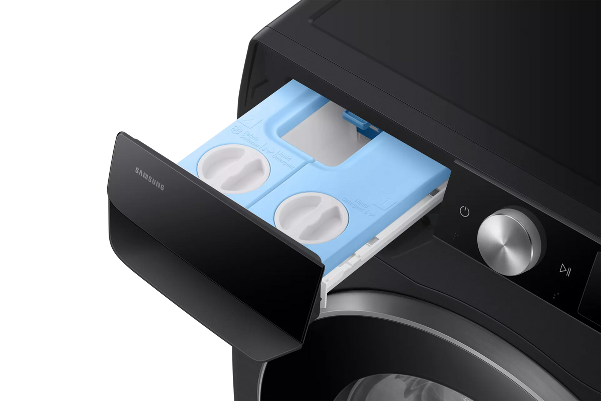Samsung Series 6 washing machine detergent drawer open, showing blue compartments for liquid detergent and fabric softener.