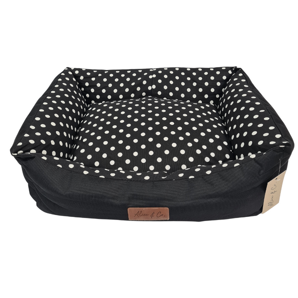 Extra large Coco Pet Bed by Alice Co, black dot, waterproof, machine washable, cotton cushion, Keans Claremorris.
