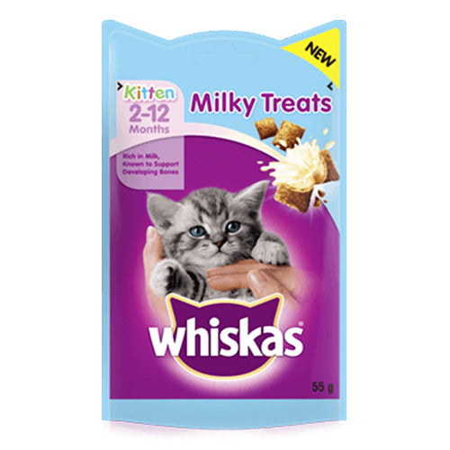 Whiskas Kitten Milky Treats 55g, dual textured, rich in calcium for healthy growth – available at Keans Claremorris.
