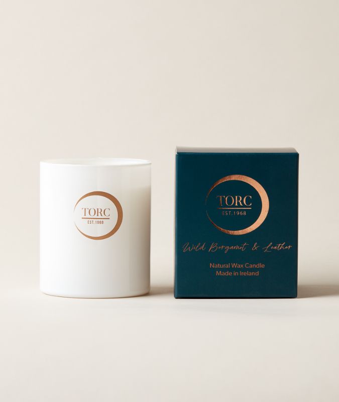 TORC Wild Bergamot & Leather Candle, 50hr burn, vegan, cruelty-free, glass container, natural waxes – Keans Claremorris.