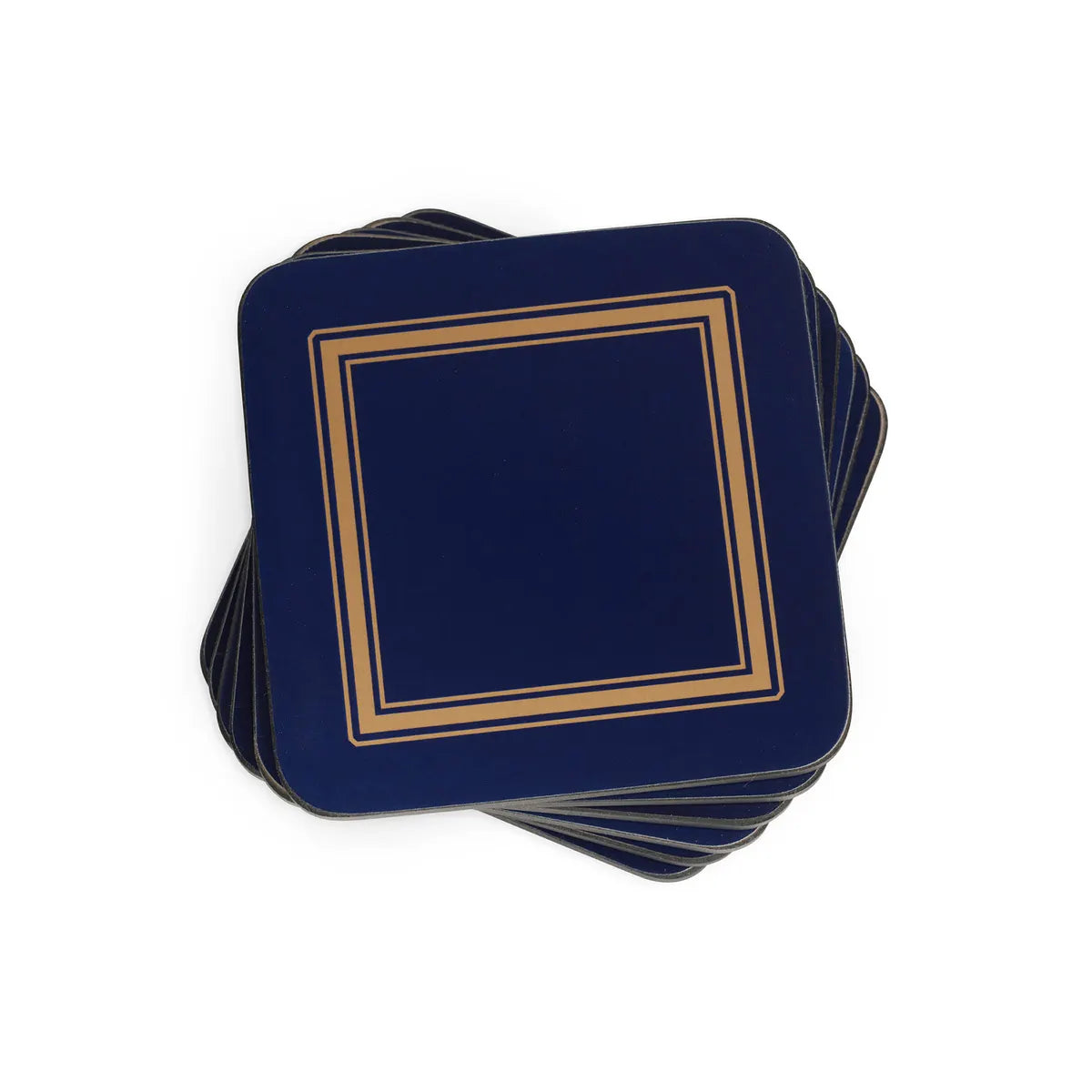 Set of six square midnight blue coasters with gold double-line border and rounded corners