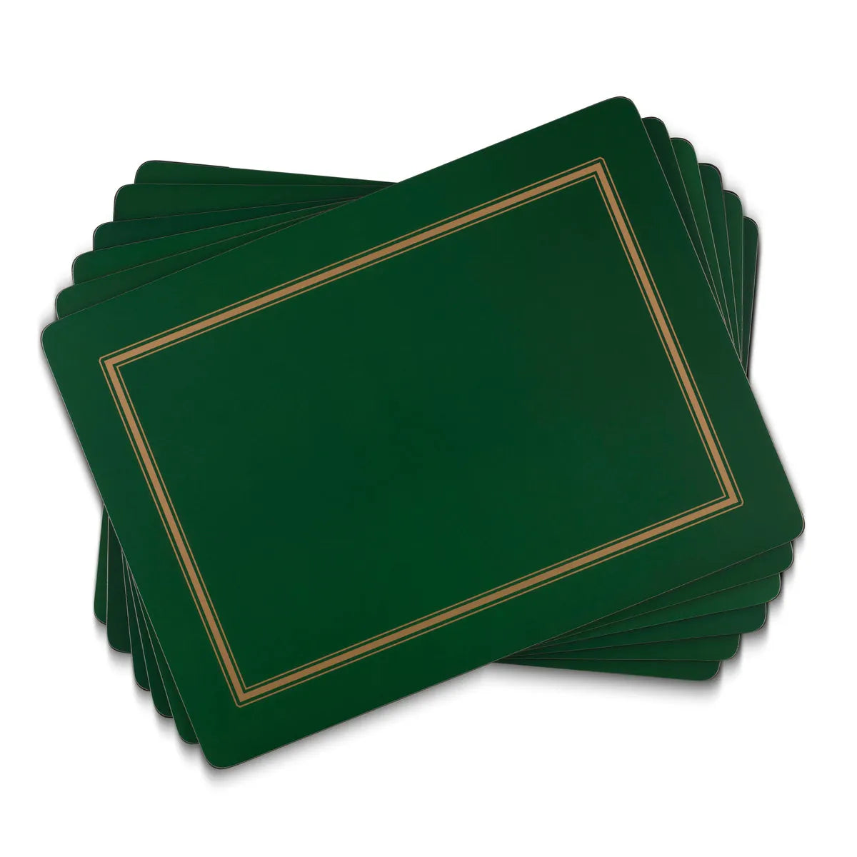Set of six emerald green placemats with gold double-line border, stacked and fanned out.