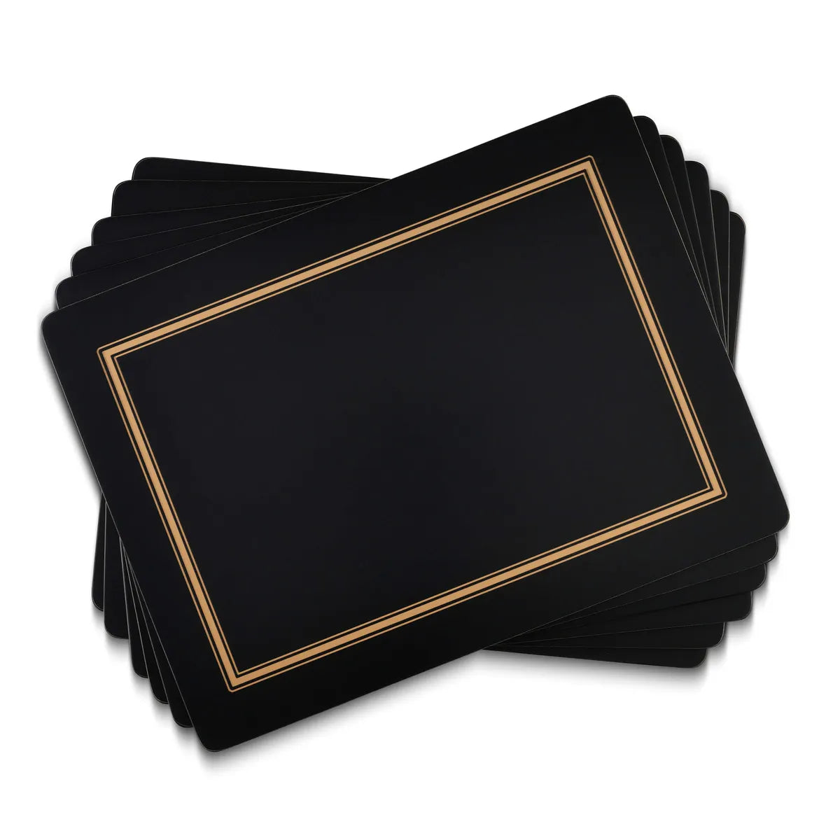 Set of six black rectangular placemats with a thin gold double border and rounded corners.