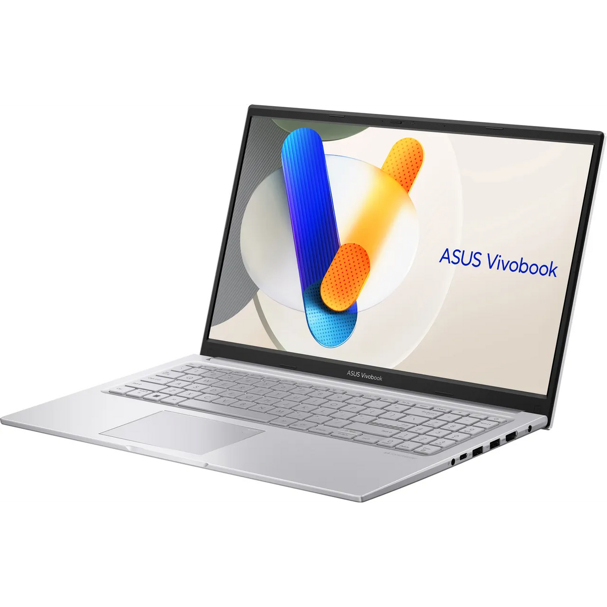 Silver Asus Vivobook laptop open showing keyboard and screen with colorful abstract wallpaper