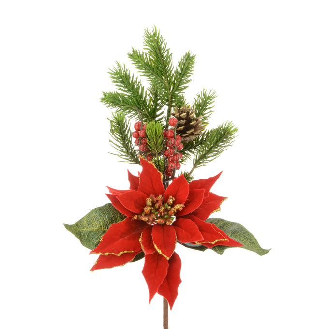 Majestic 43cm red and gold poinsettia spray with green foliage, perfect for festive décor – Keans Claremorris.