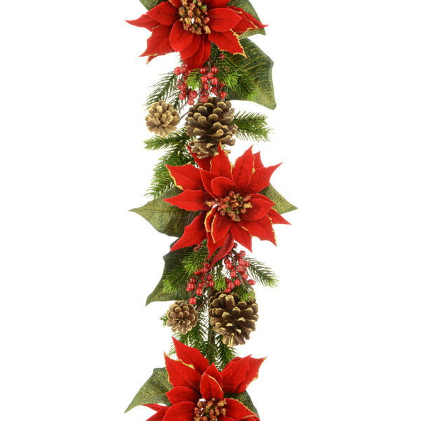 Majestic Poinsettia Garland 150cm with red blooms, gold accents, and green foliage – festive decor by Keans Claremorris.